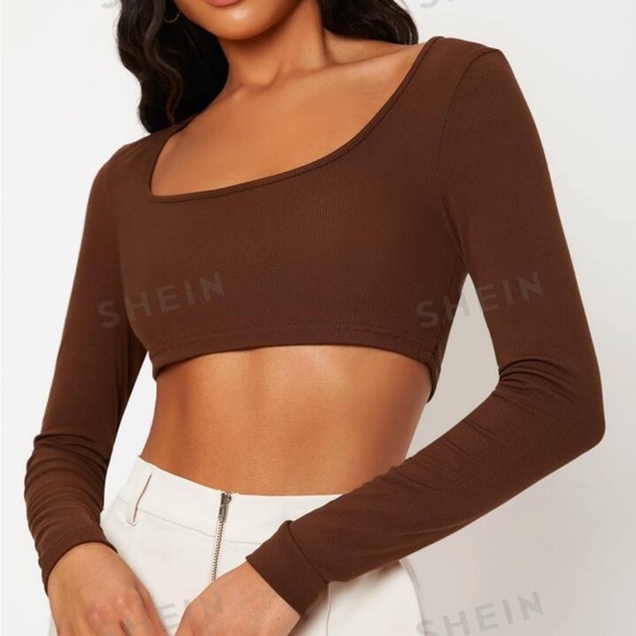 Coffee Brown Long Sleeve Crop Top XS - Picture 3 of 4